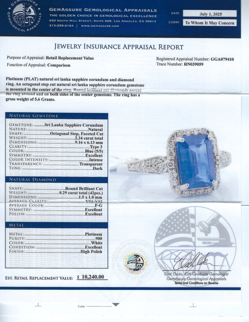 2.34ct Blue Sri Lanka Sapphire and 0.29ctw Diamond Platinum Ring