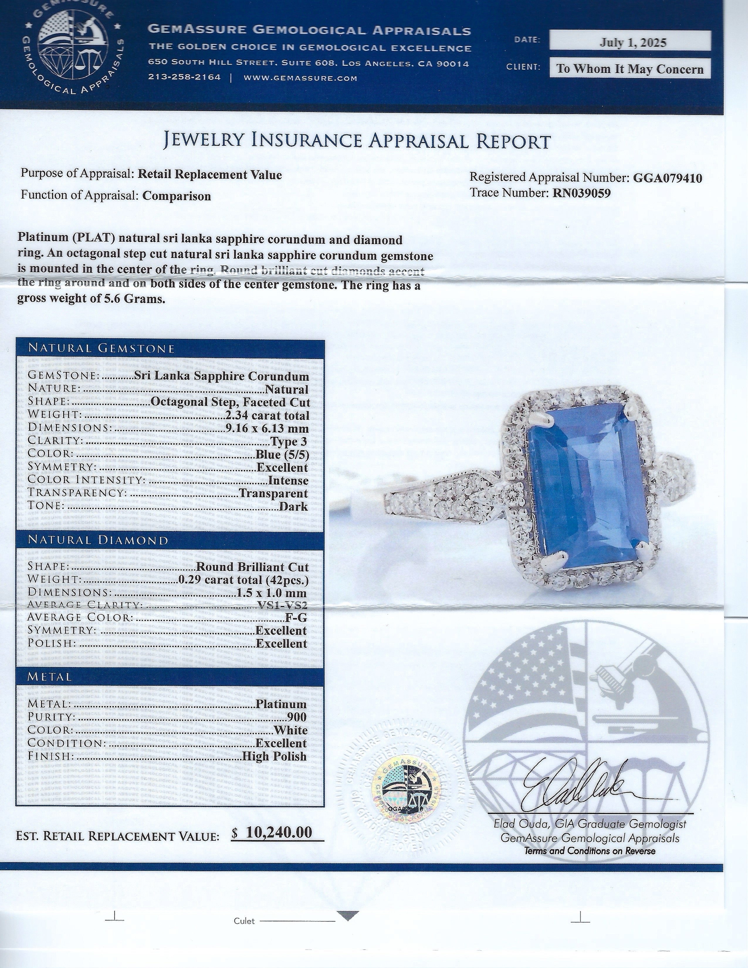 2.34ct Blue Sri Lanka Sapphire and 0.29ctw Diamond Platinum Ring