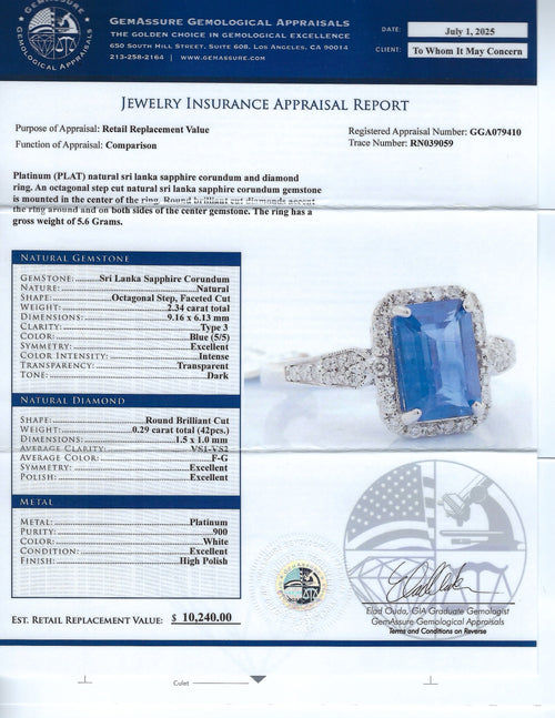 2.34ct Blue Sri Lanka Sapphire and 0.29ctw Diamond Platinum Ring