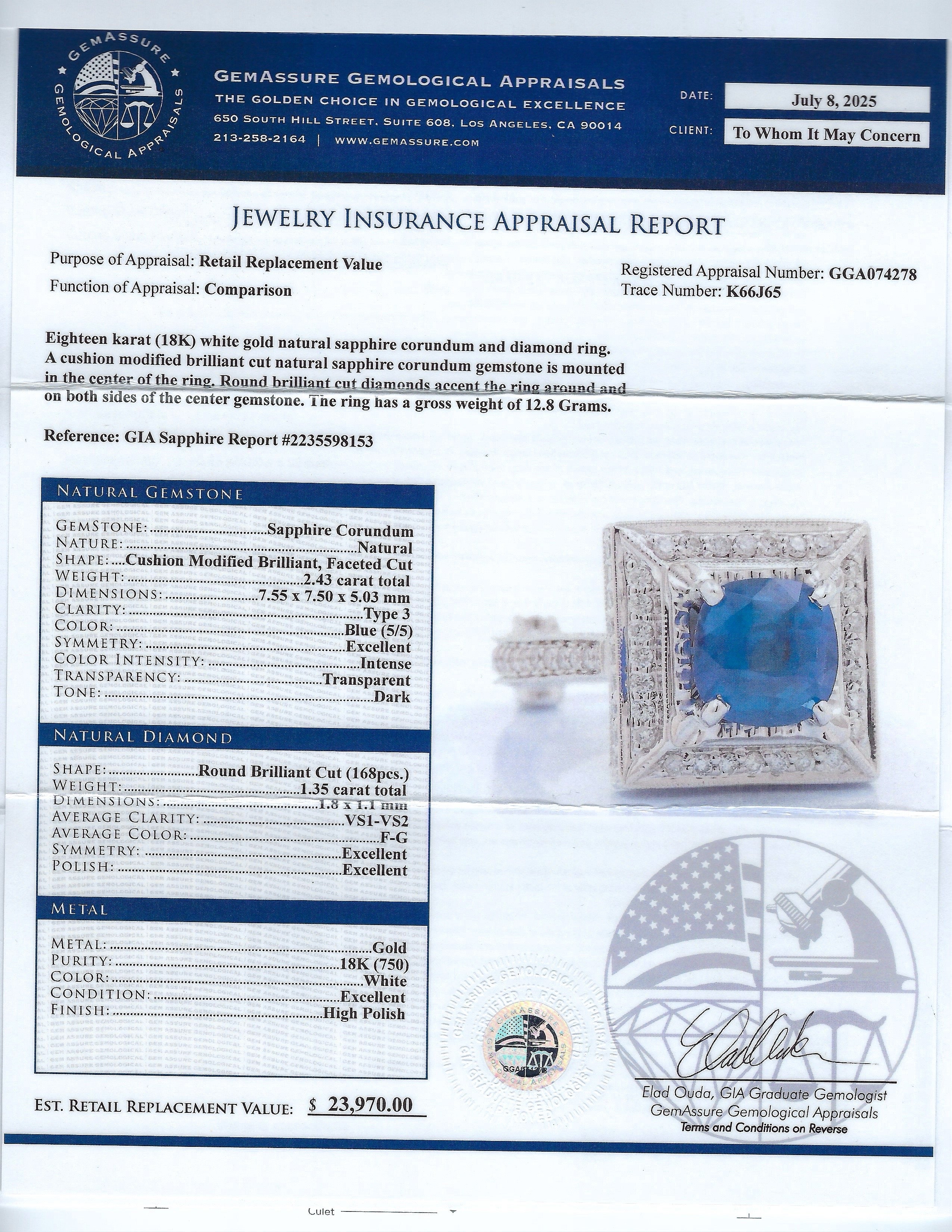 2.43ct Blue Sapphire and 1.35ctw Diamond 18K White Gold Ring (GIA CERTIFIED)