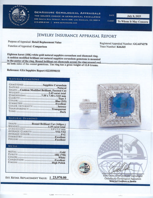 2.43ct Blue Sapphire and 1.35ctw Diamond 18K White Gold Ring (GIA CERTIFIED)