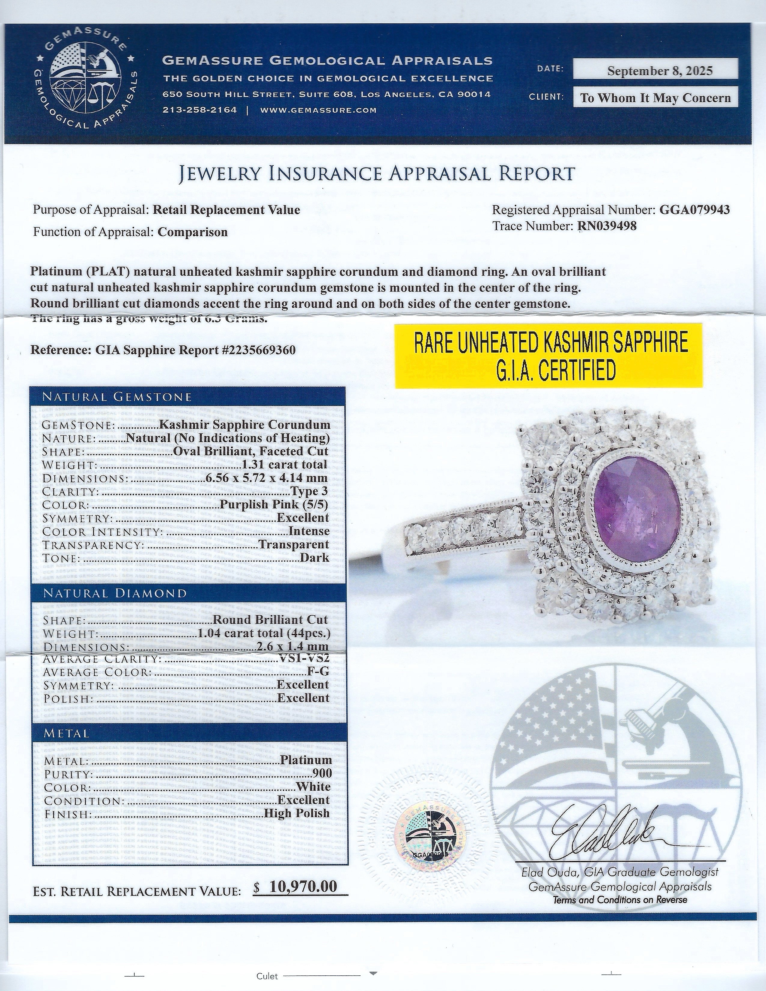 1.31ct UNHEATED Purplish Pink KASHMIR Sapphire and 1.04ctw Diamond Platinum Ring (GIA CERTIFIED)