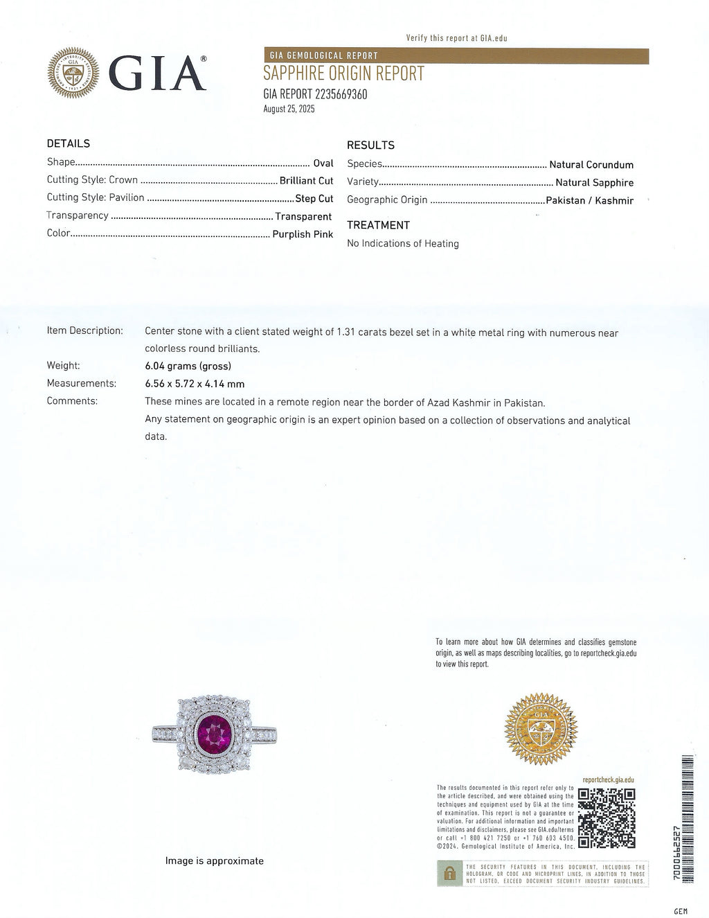 1.31ct UNHEATED Purplish Pink KASHMIR Sapphire and 1.04ctw Diamond Platinum Ring (GIA CERTIFIED)