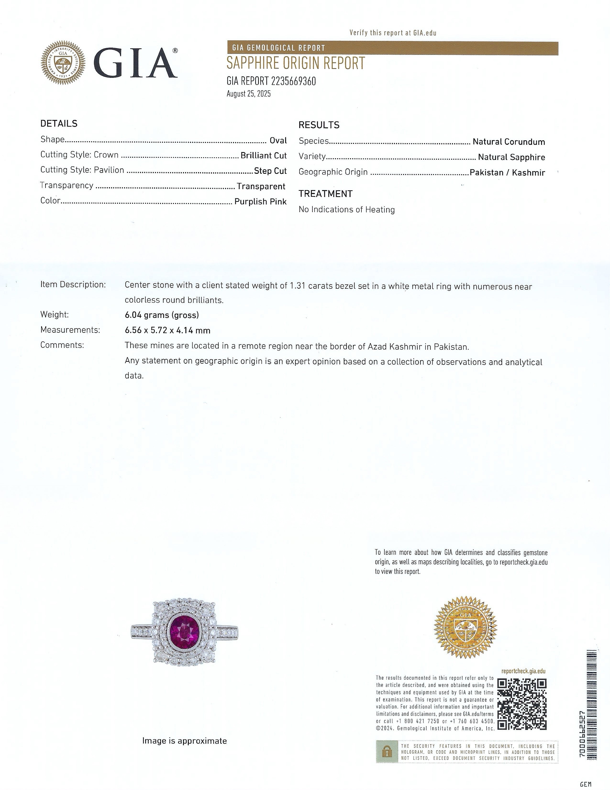 1.31ct UNHEATED Purplish Pink KASHMIR Sapphire and 1.04ctw Diamond Platinum Ring (GIA CERTIFIED)