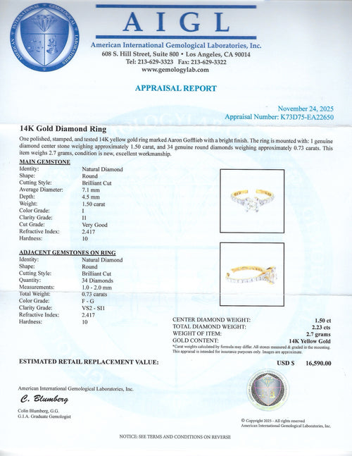 1.50ct I COLOR I1 CLARITY CENTER Diamond 14K Yellow Gold Ring (2.23ctw Diamonds)