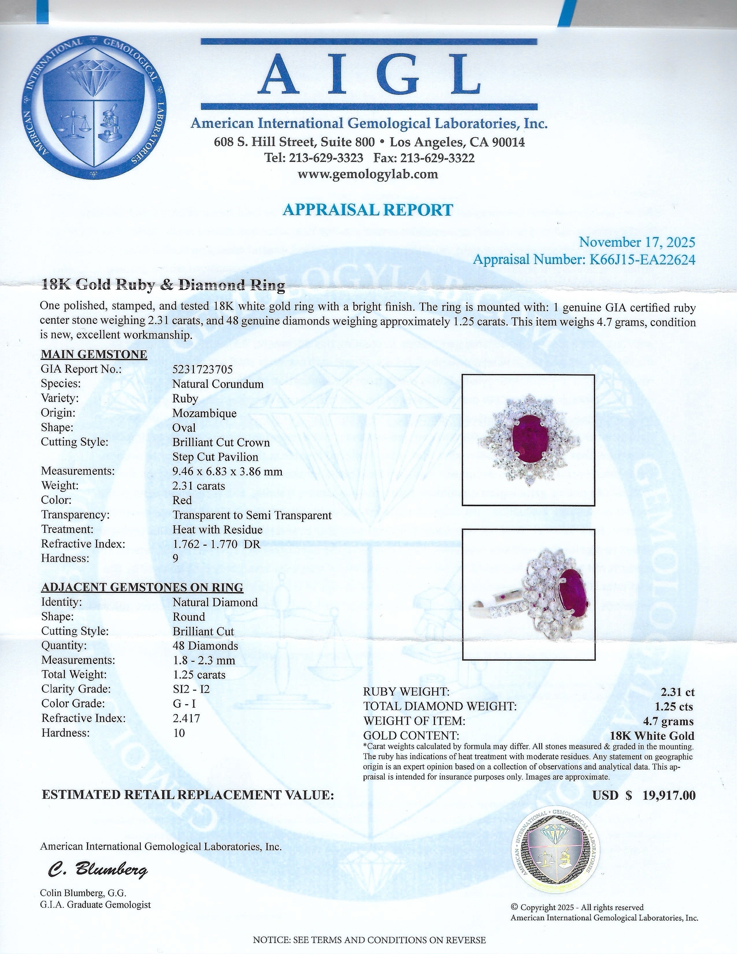 2.31ct Mozambique Ruby and 1.25ctw Diamond 18K White Gold Ring (GIA CERTIFIED)