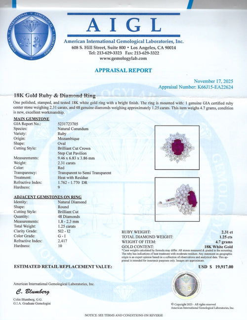 2.31ct Mozambique Ruby and 1.25ctw Diamond 18K White Gold Ring (GIA CERTIFIED)
