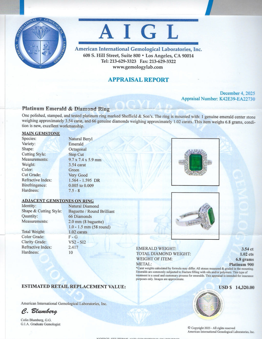 3.54ct Emerald and 1.02ctw Diamond Platinum Ring