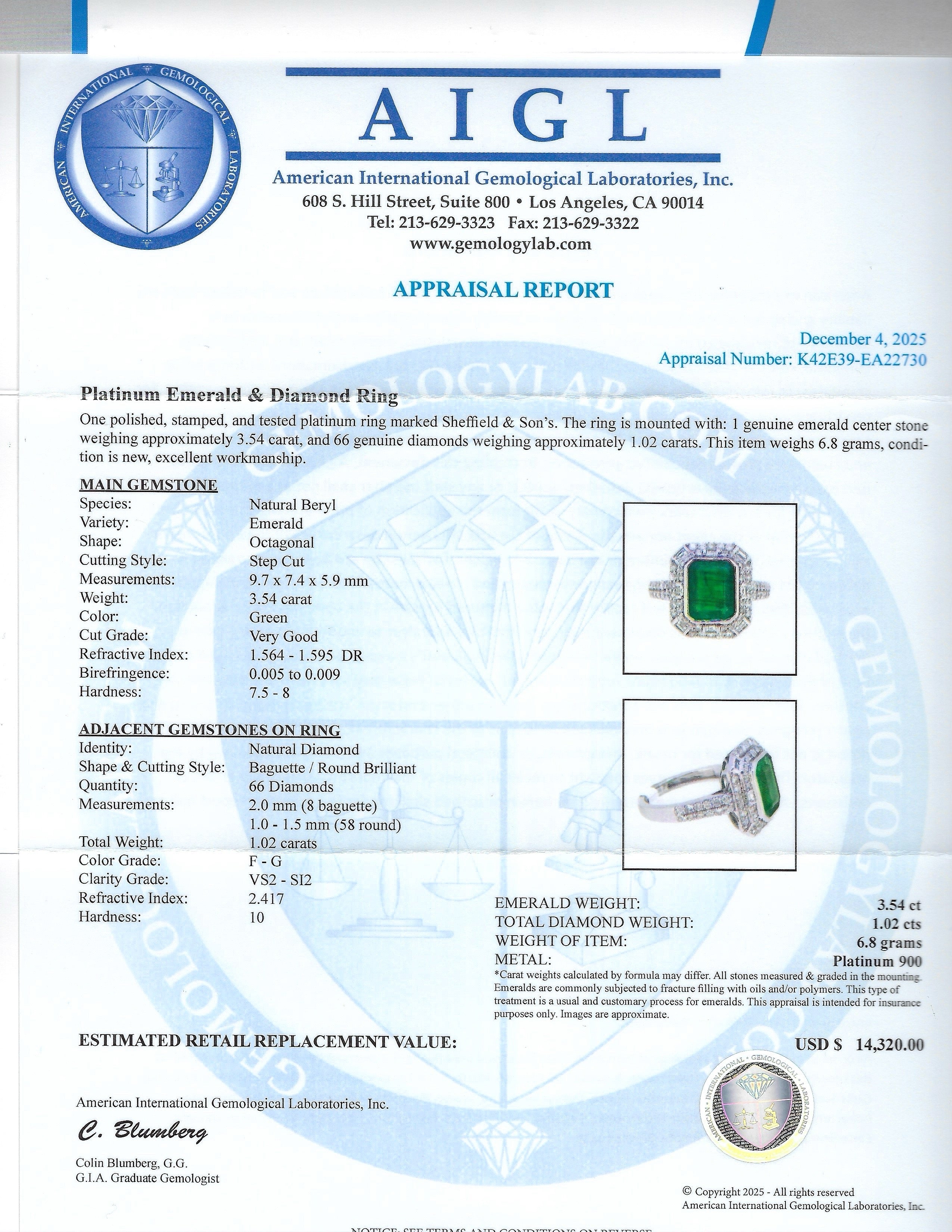 3.54ct Emerald and 1.02ctw Diamond Platinum Ring