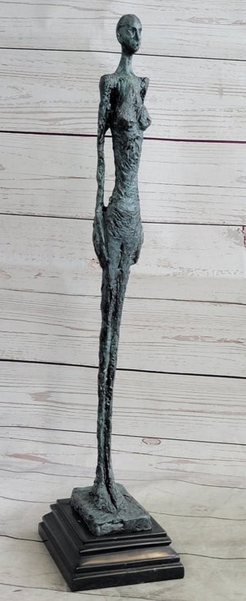Standing Tall Girl Gia Stick Figurine Marble Base Sculpture Green Patina