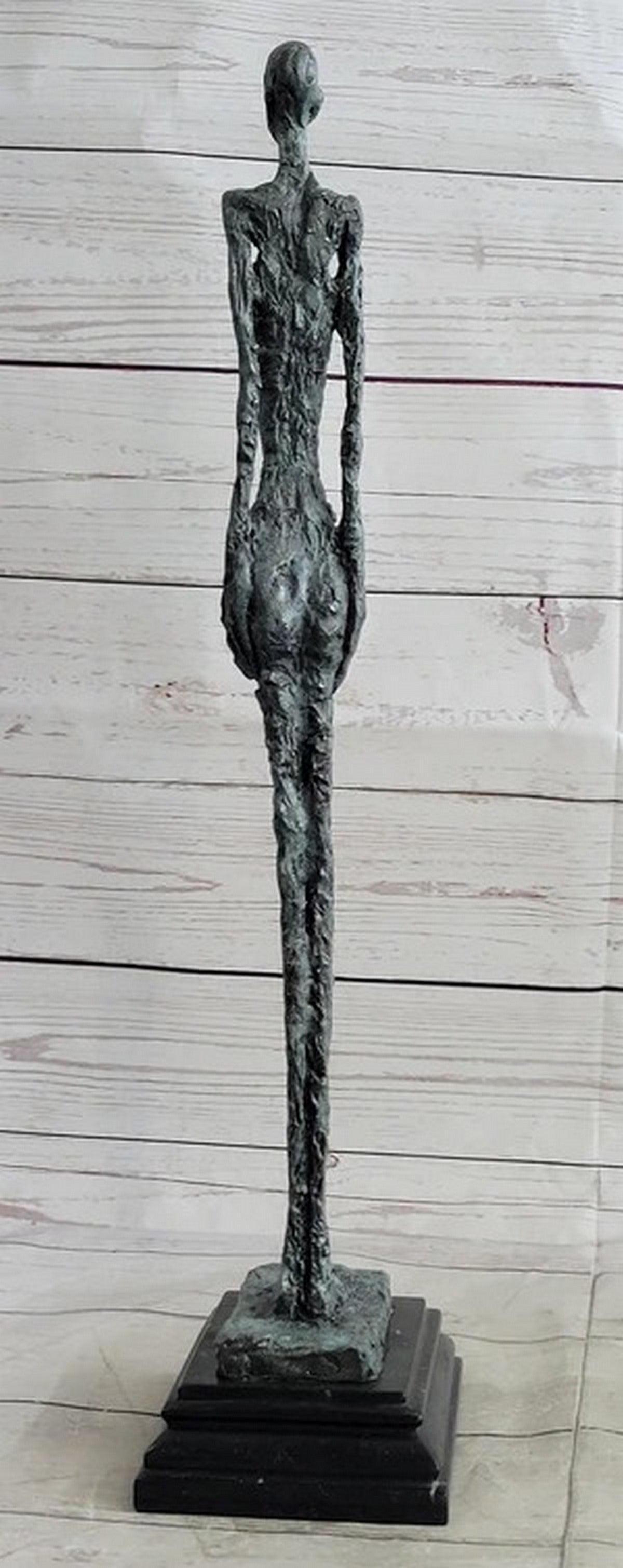 Standing Tall Girl Gia Stick Figurine Marble Base Sculpture Green Patina