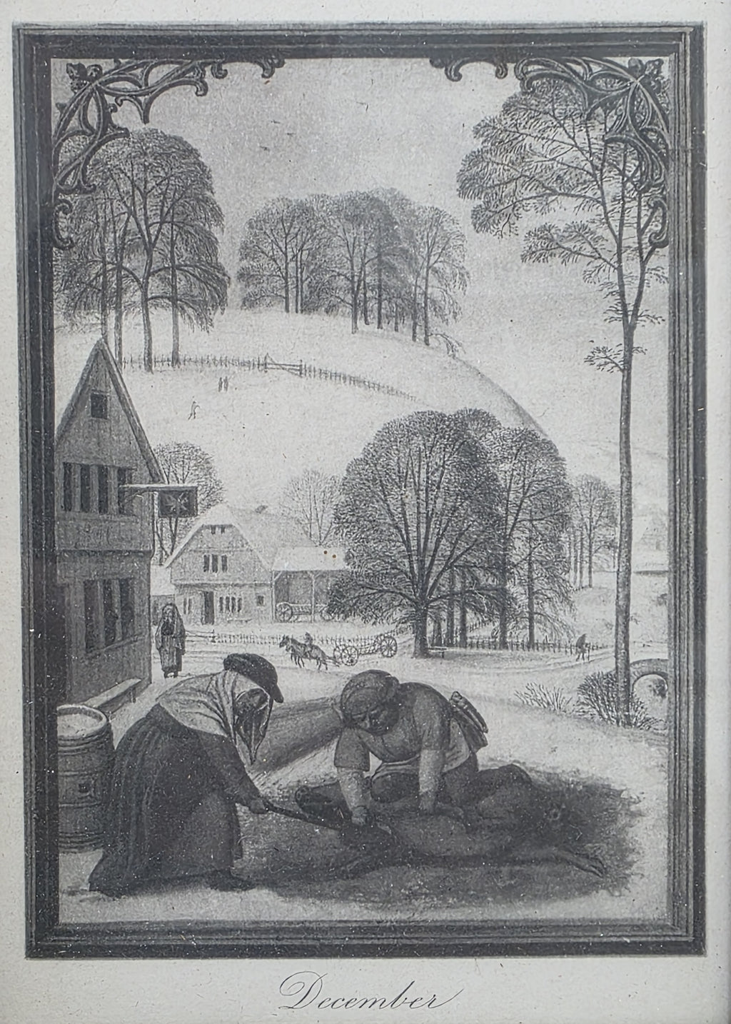 antique framed print Slaughtering A Pig, C1515. /Nthe Month Of December: Illumination From A Flemish Book Of Hours, C1515