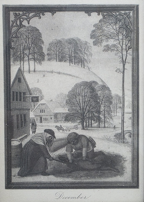 antique framed print Slaughtering A Pig, C1515. /Nthe Month Of December: Illumination From A Flemish Book Of Hours, C1515