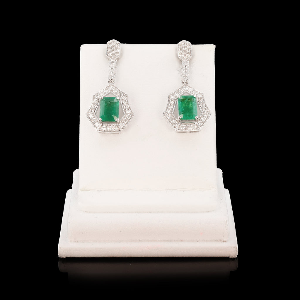 2.70ctw Emerald and 0.94ctw Diamond 18K White Gold Dangle Earrings
