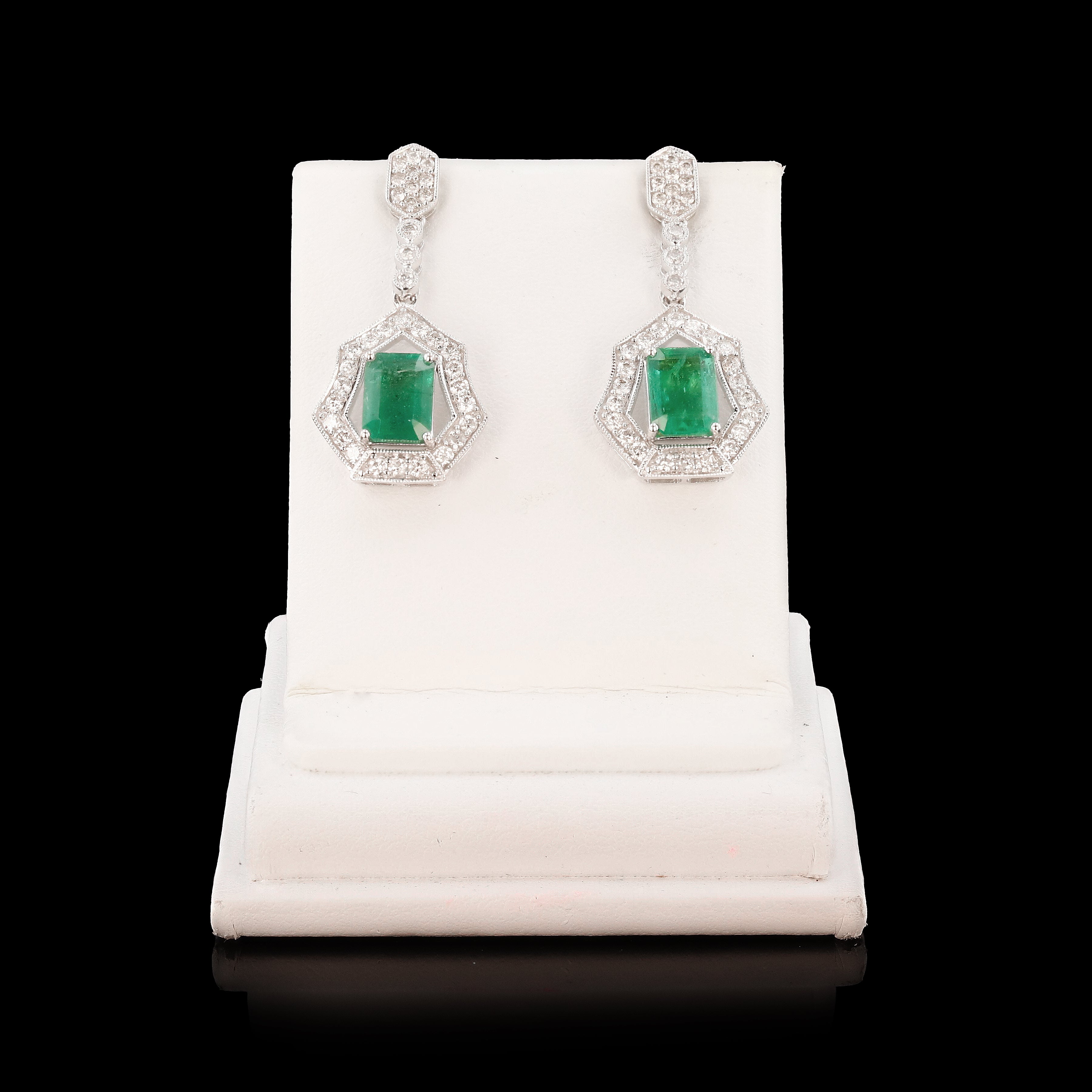 2.70ctw Emerald and 0.94ctw Diamond 18K White Gold Dangle Earrings