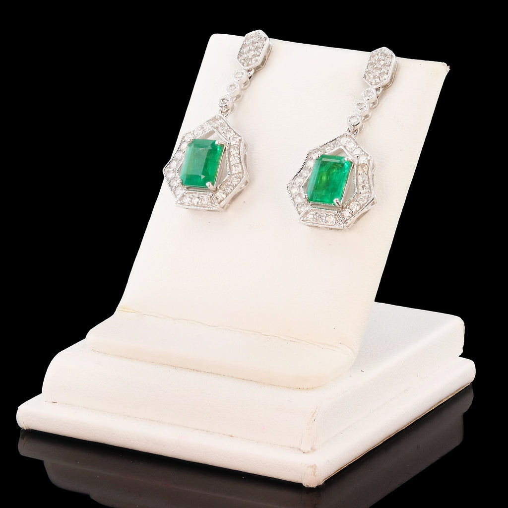 2.70ctw Emerald and 0.94ctw Diamond 18K White Gold Dangle Earrings