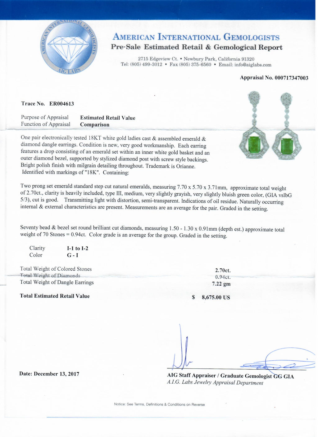 2.70ctw Emerald and 0.94ctw Diamond 18K White Gold Dangle Earrings
