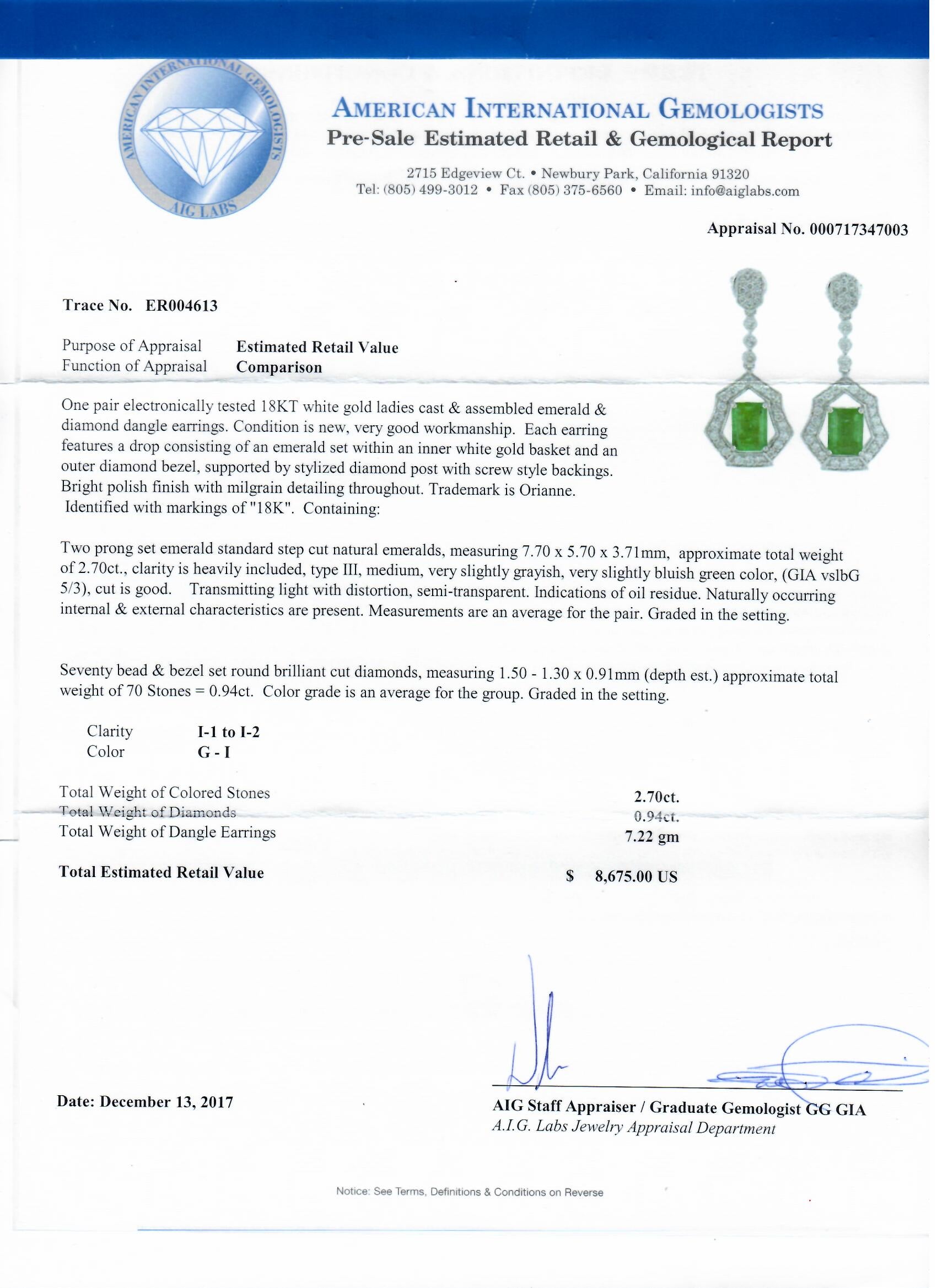 2.70ctw Emerald and 0.94ctw Diamond 18K White Gold Dangle Earrings