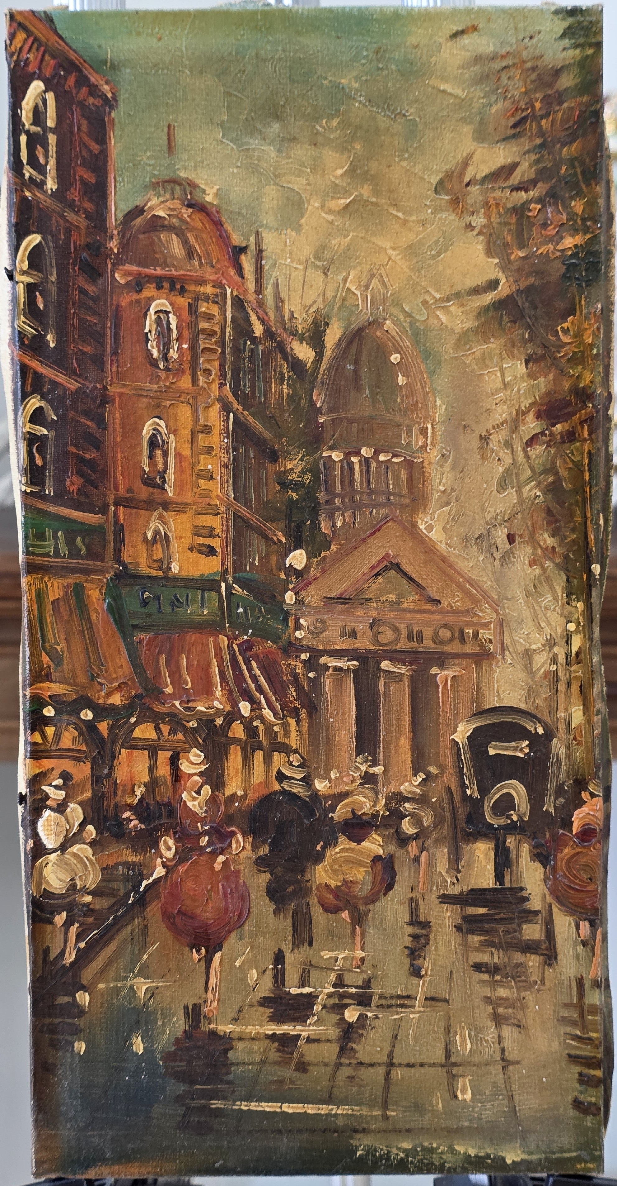 Vintage Parisian Impressionist Oil Painting Busy Street Scene
