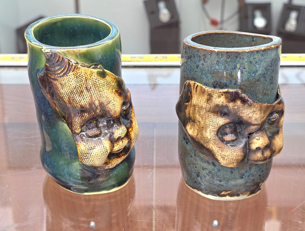 Vintage Pia hand made pottery mugs 4.50" ht