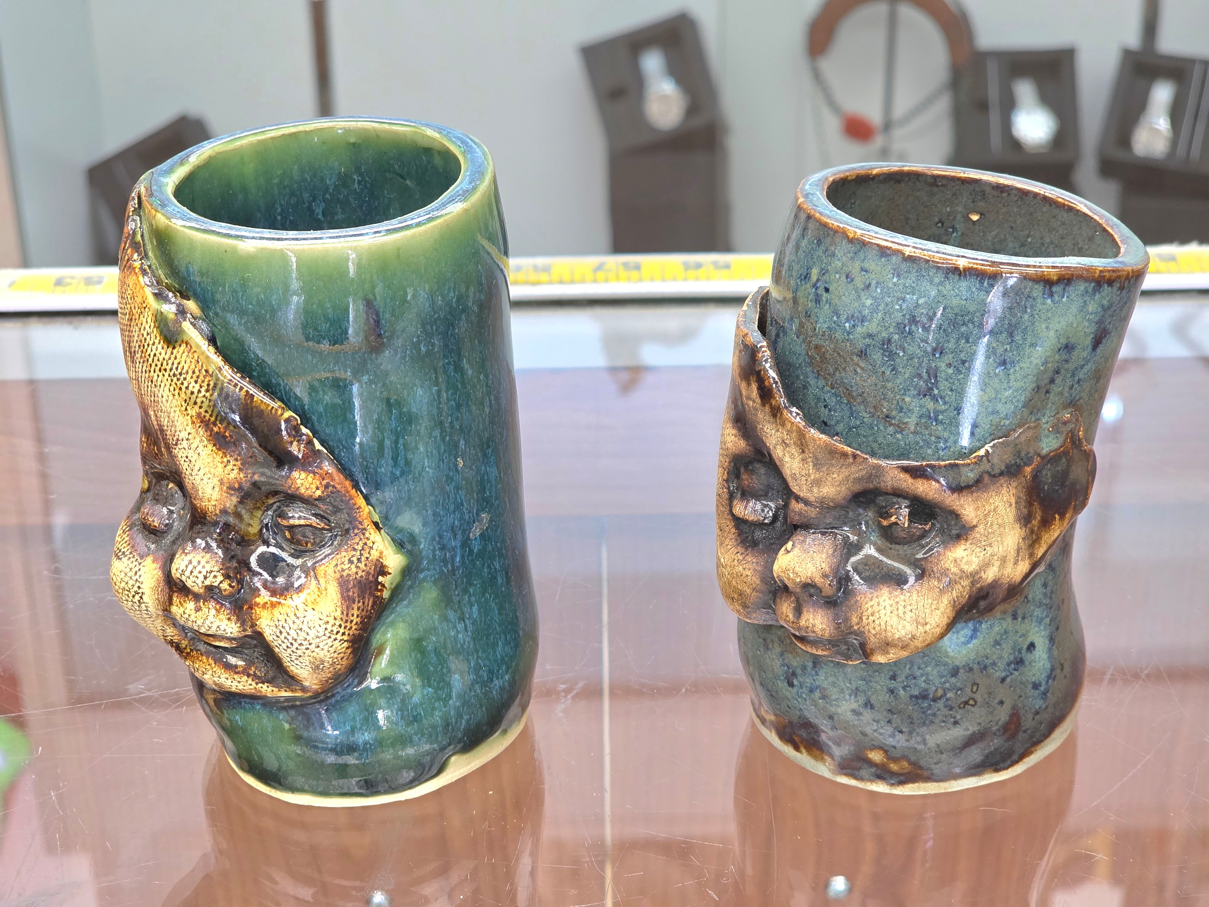 Vintage Pia hand made pottery mugs 4.50" ht