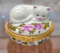 CERAMIC WHITE KITTY CAT RESTING IN FLOWER BED TRINKET BOX