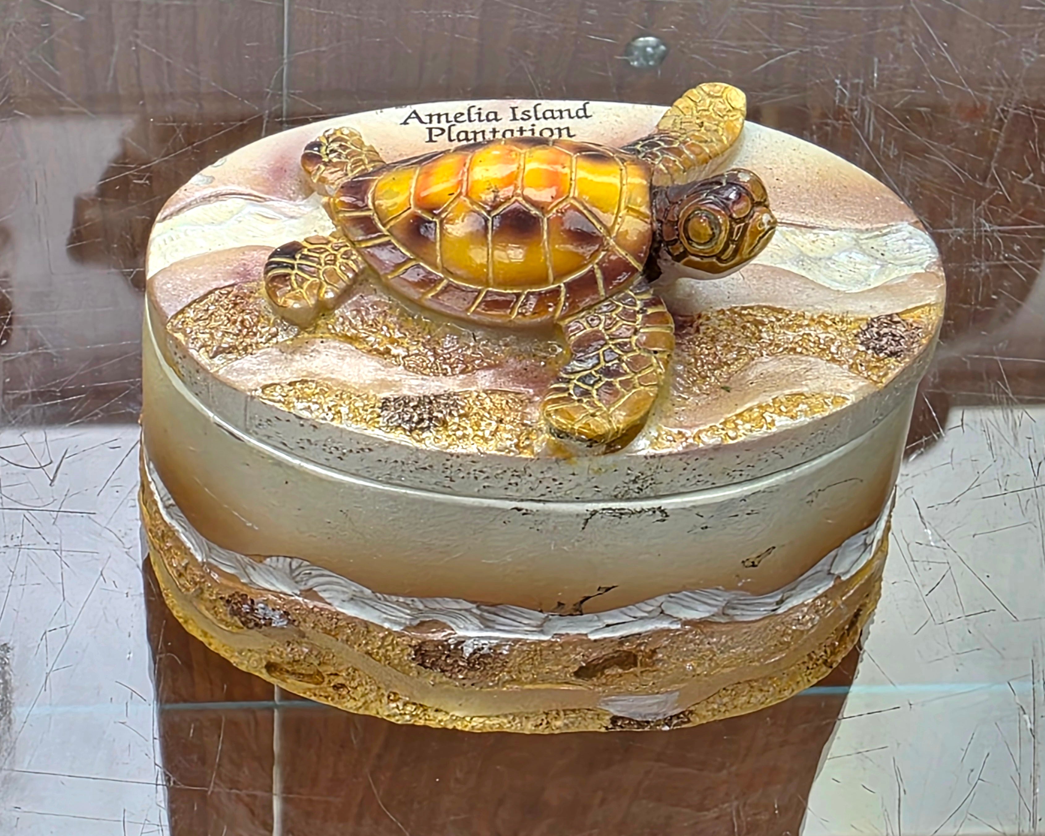 Sea Turtle Trinket Box Palm Trees Coastal Seashells Beach Decorative Collectible