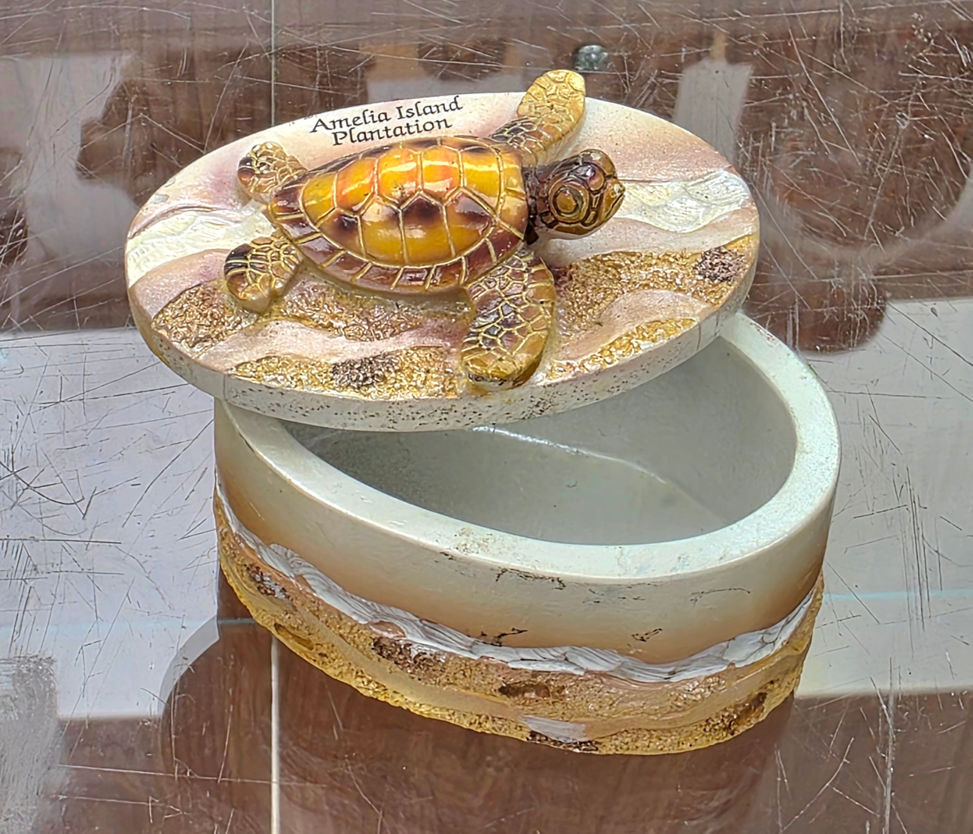 Sea Turtle Trinket Box Palm Trees Coastal Seashells Beach Decorative Collectible