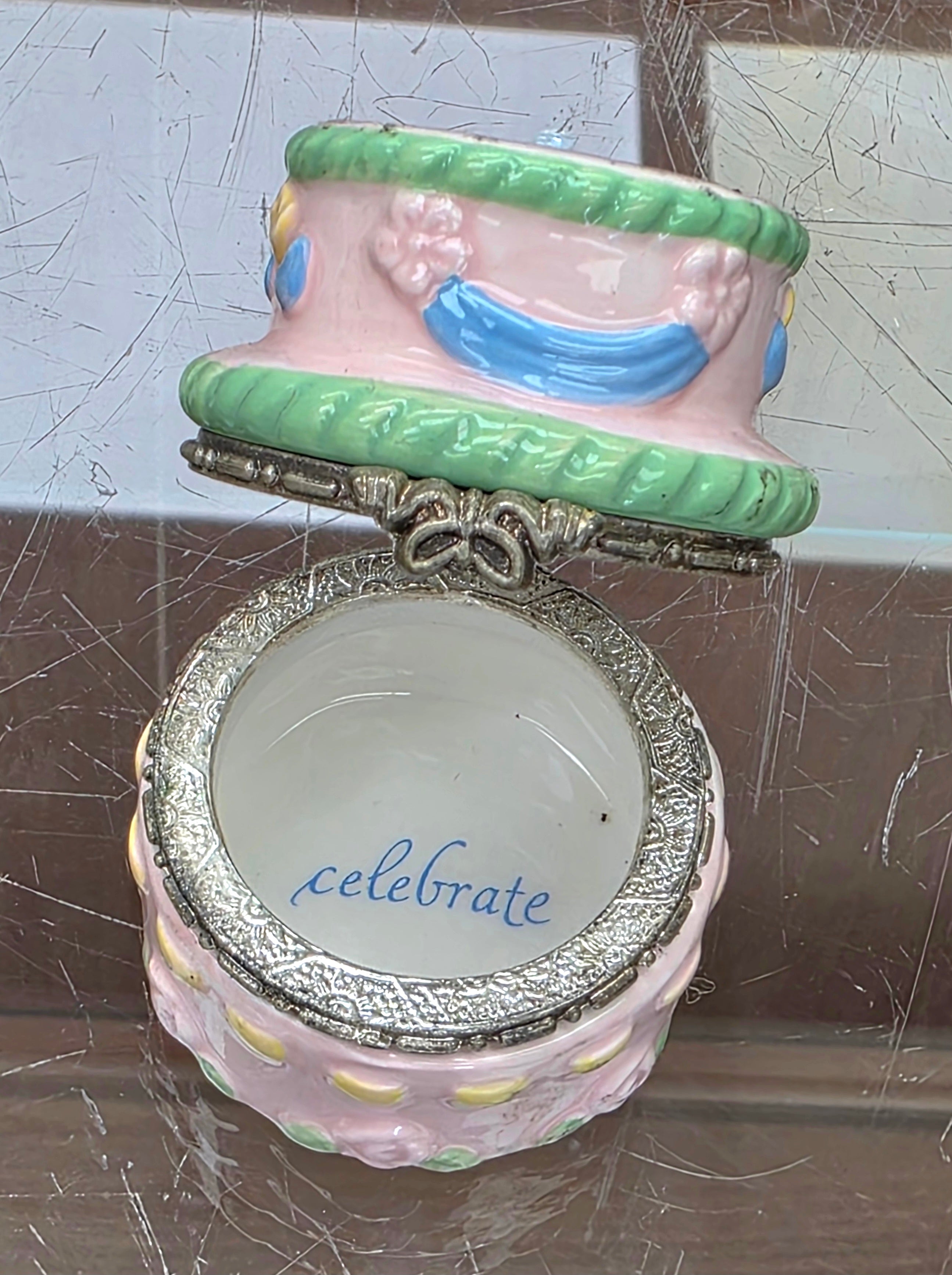 Vintage Hallmark Layered Pink Happy Birthday Cake PHB Porcelain Hinged trinket Box