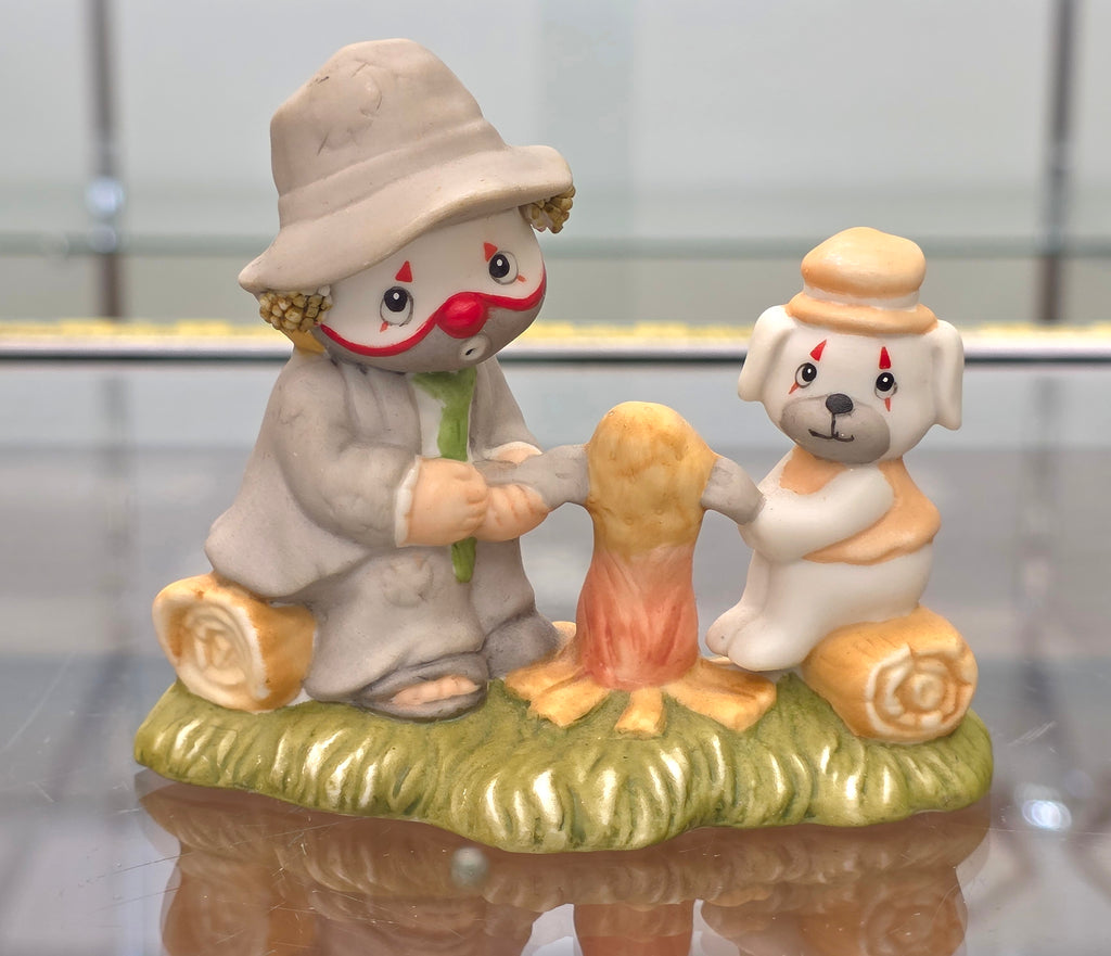 Vintage Enesco Lil Vagabond Clown Figurines Puppy Dog Camp Fire Gold Seal Malays
