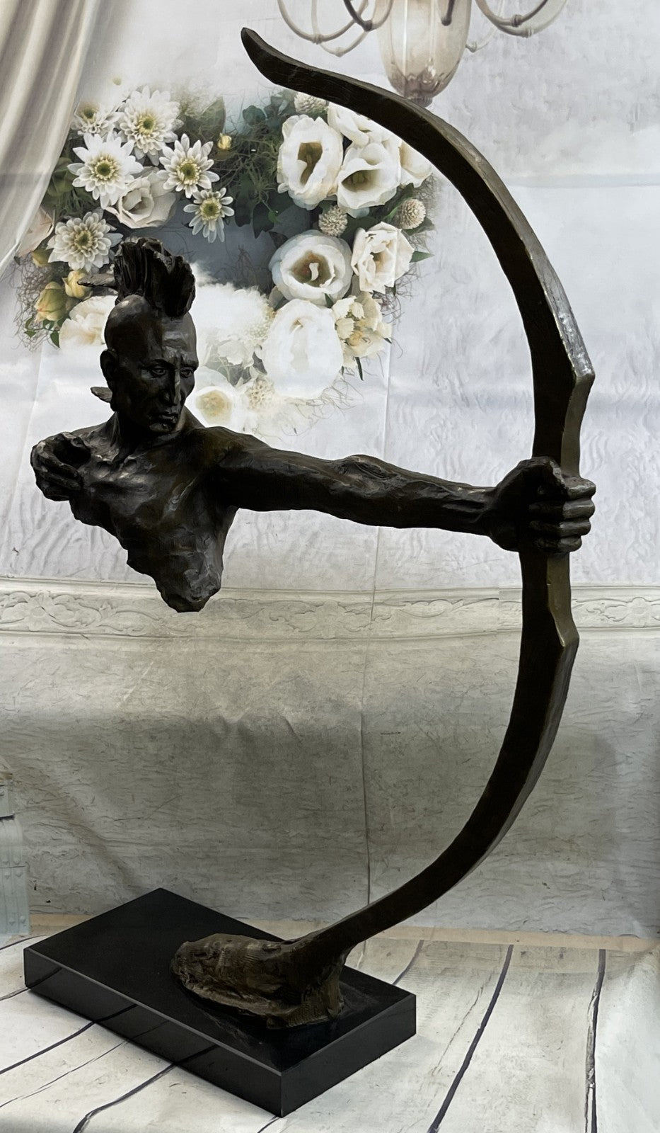Native American Indian Mohawk Archer Pulling Bow Bronze Sculpture by Mario Nick