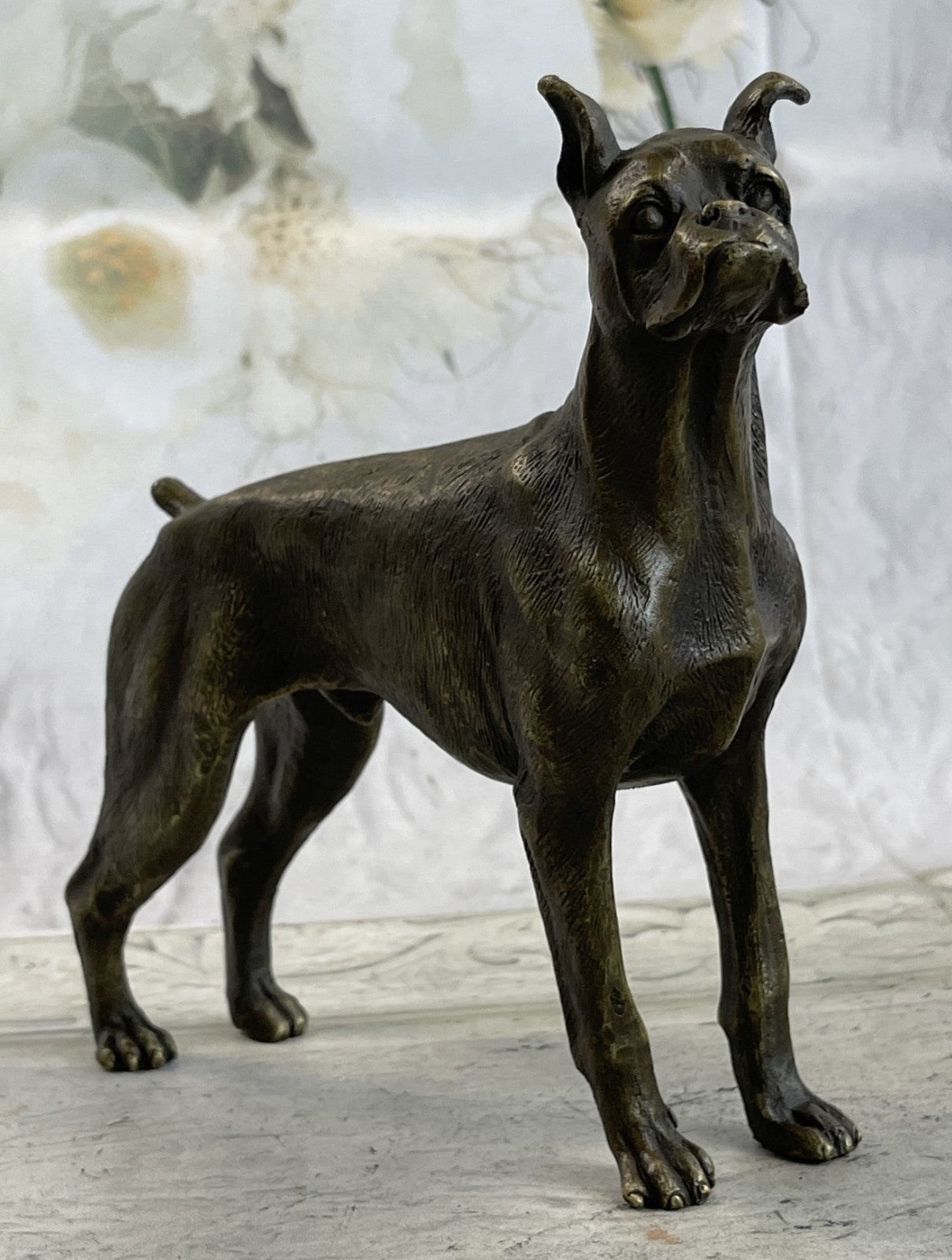 Boxer Dog Bronze Metal Statue Sculpture Collectible Decor Signed Art 8" x 9"