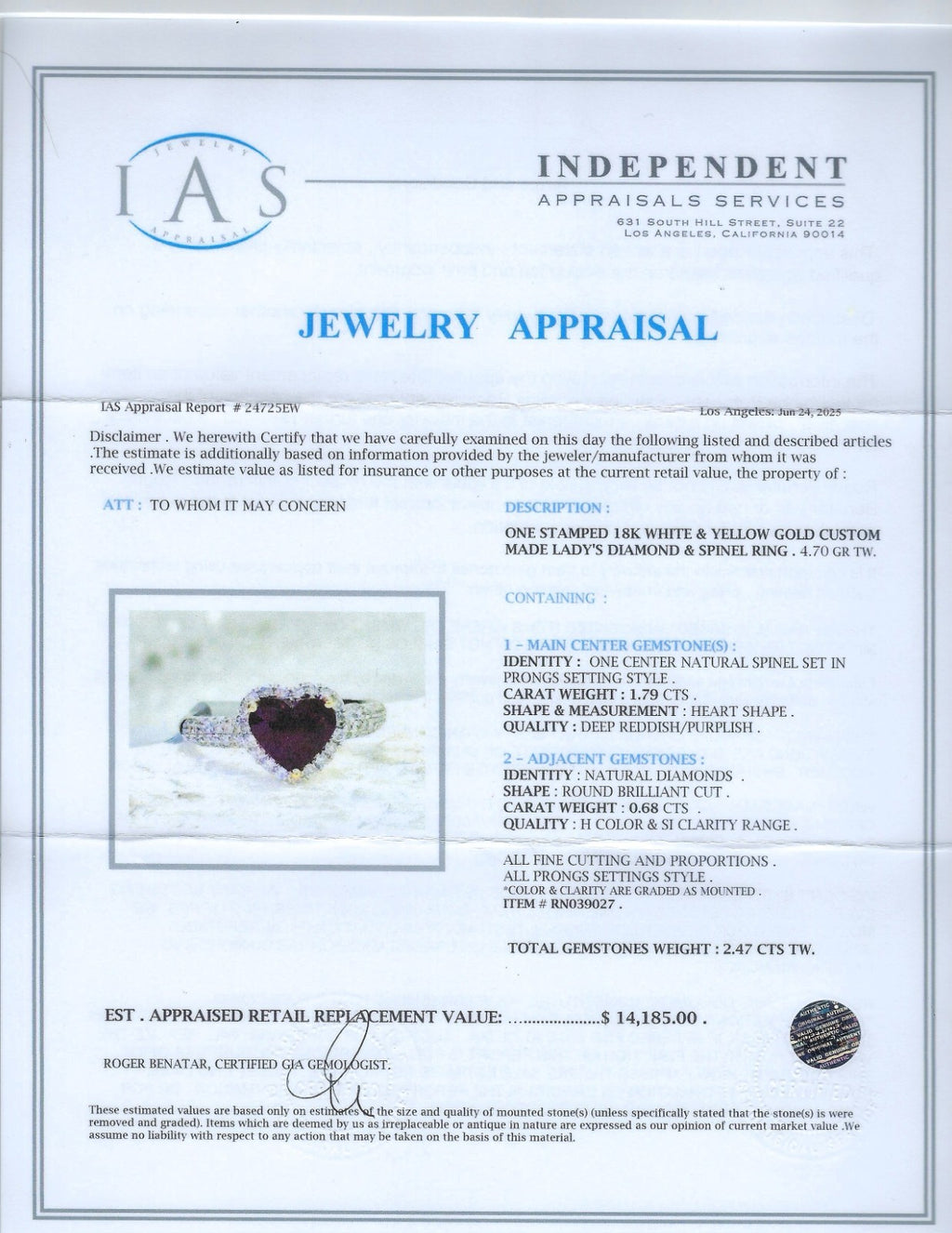 1.79ct Reddish Purplish Spinel and 0.68ctw Diamond 18K White Gold Ring