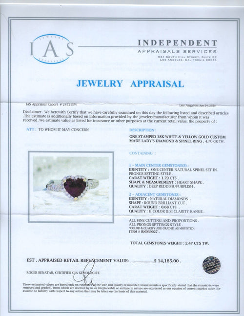 1.79ct Reddish Purplish Spinel and 0.68ctw Diamond 18K White Gold Ring