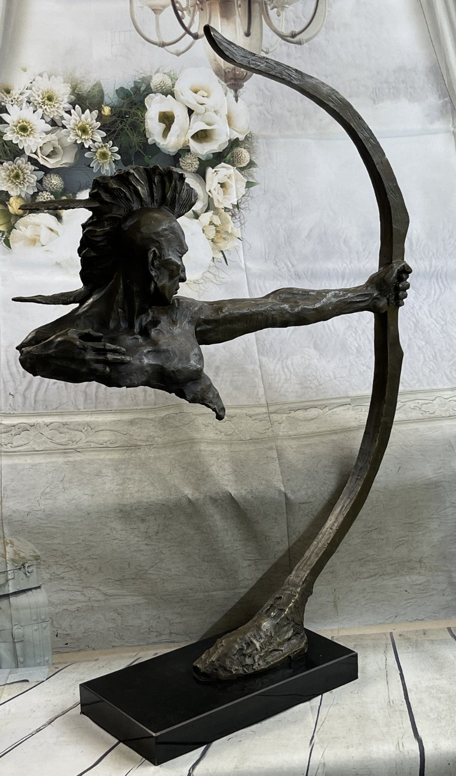 Native American Indian Mohawk Archer Pulling Bow Bronze Sculpture by Mario Nick
