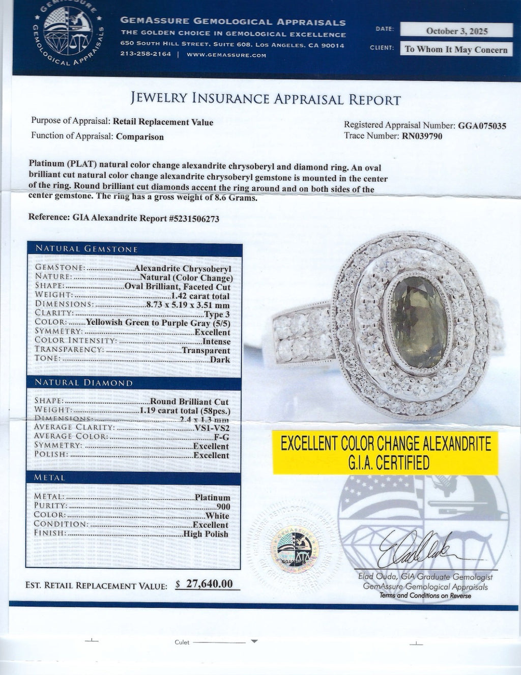 GIA CERTIFIED 1.42ct Alexandrite and 1.19ctw Diamond Platinum Ring
