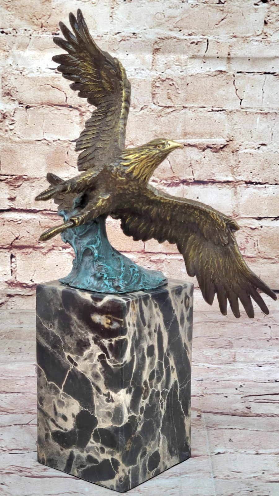 Bronze Metal American Bald Eagle Figurine Sculpture on Marble Base Art by Milo