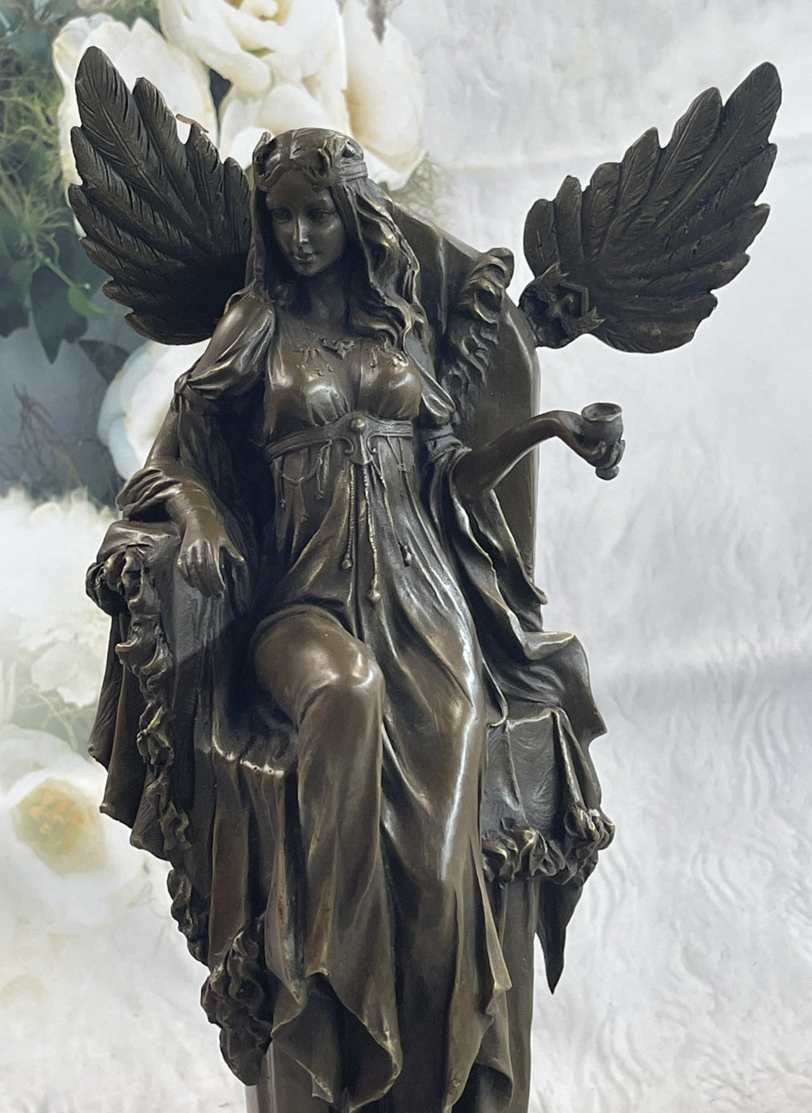 Mythical Fantasy Winged Goddess Angel Queen on Throne Bronze Original Art Statue