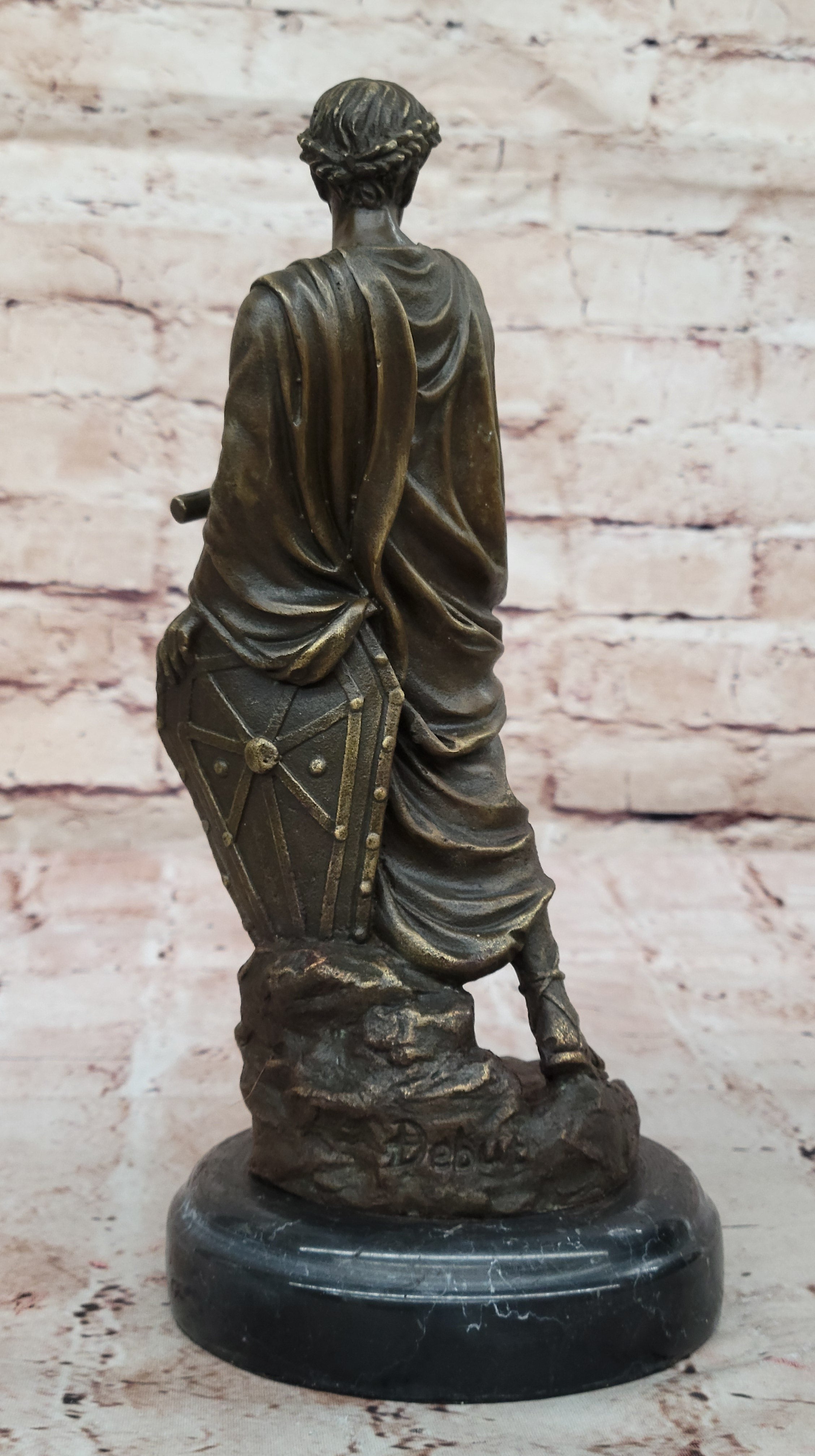 Roman Caesar Emperor in Wreath & Tunic  Bronze Sculpture Statue on Marble Base