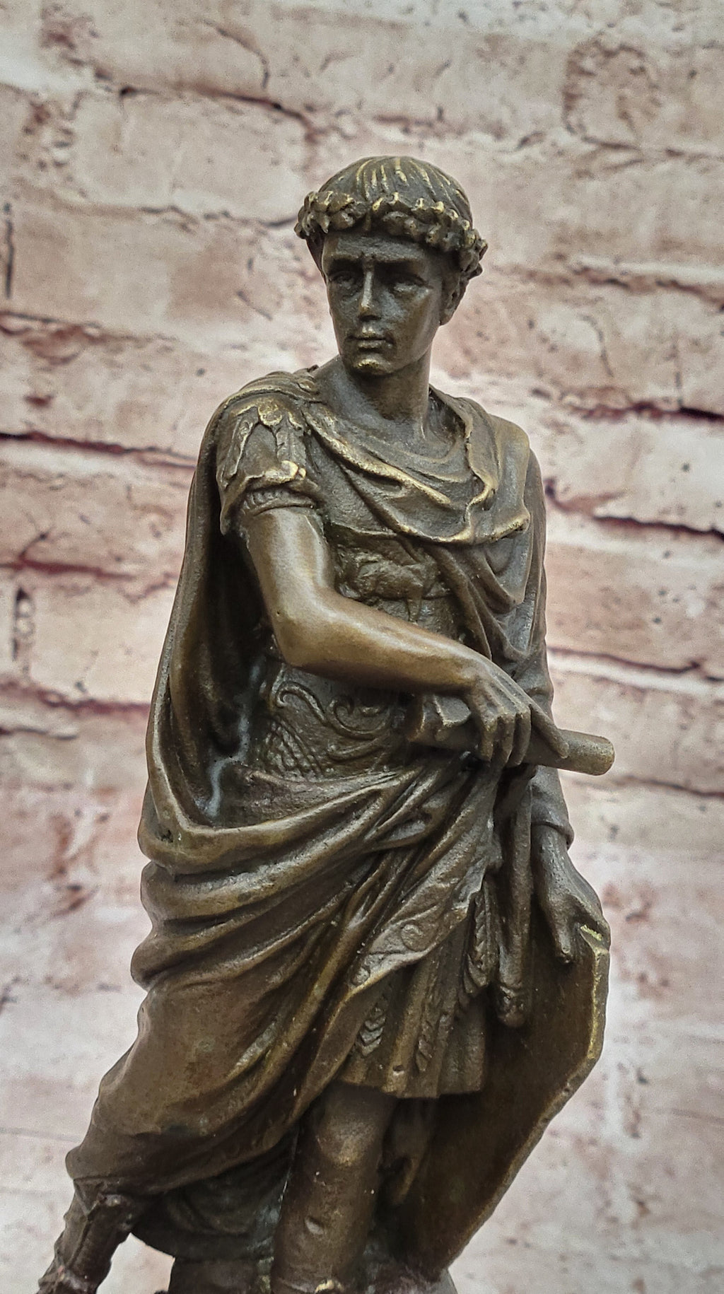 Roman Caesar Emperor in Wreath & Tunic  Bronze Sculpture Statue on Marble Base