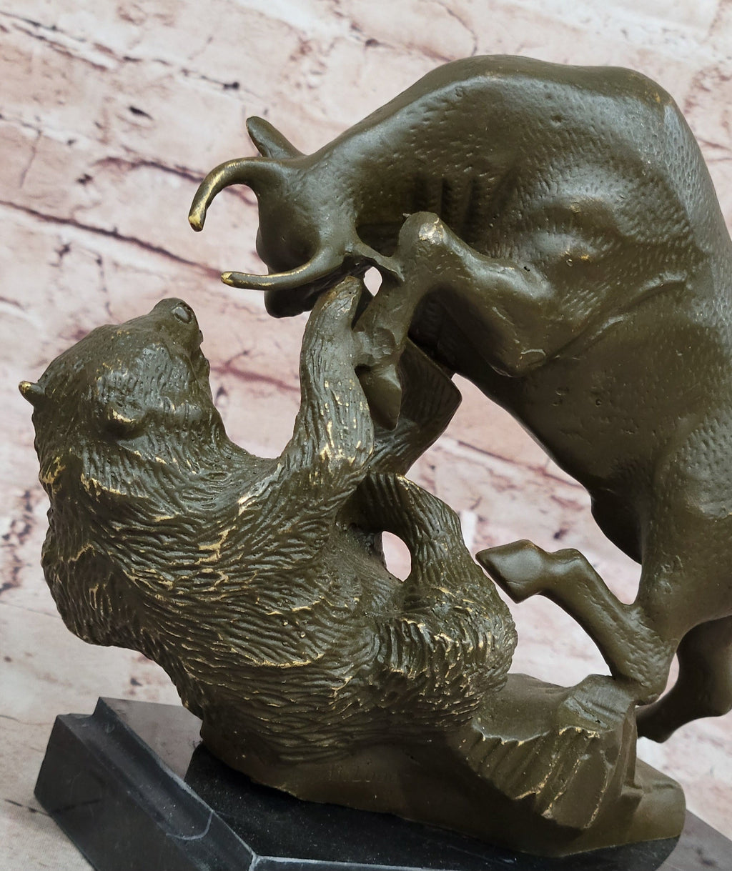 Bull and Bear Bronze Sculpture  Financial Market Symbol Animal Art