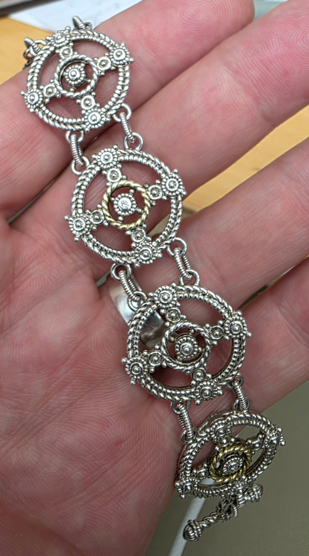 Judith Ripka Sterling Silver and 18K Gold  Diamond Bracelet 7.5" L