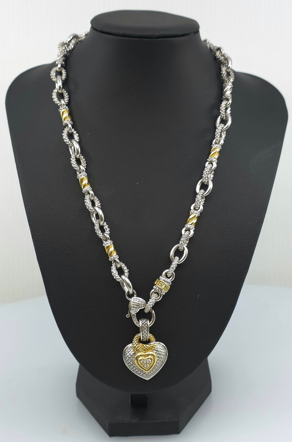 Judith Ripka Sterling Silver and 18K Gold  Diamond Heart Pendant and Diamond Necklace Chain