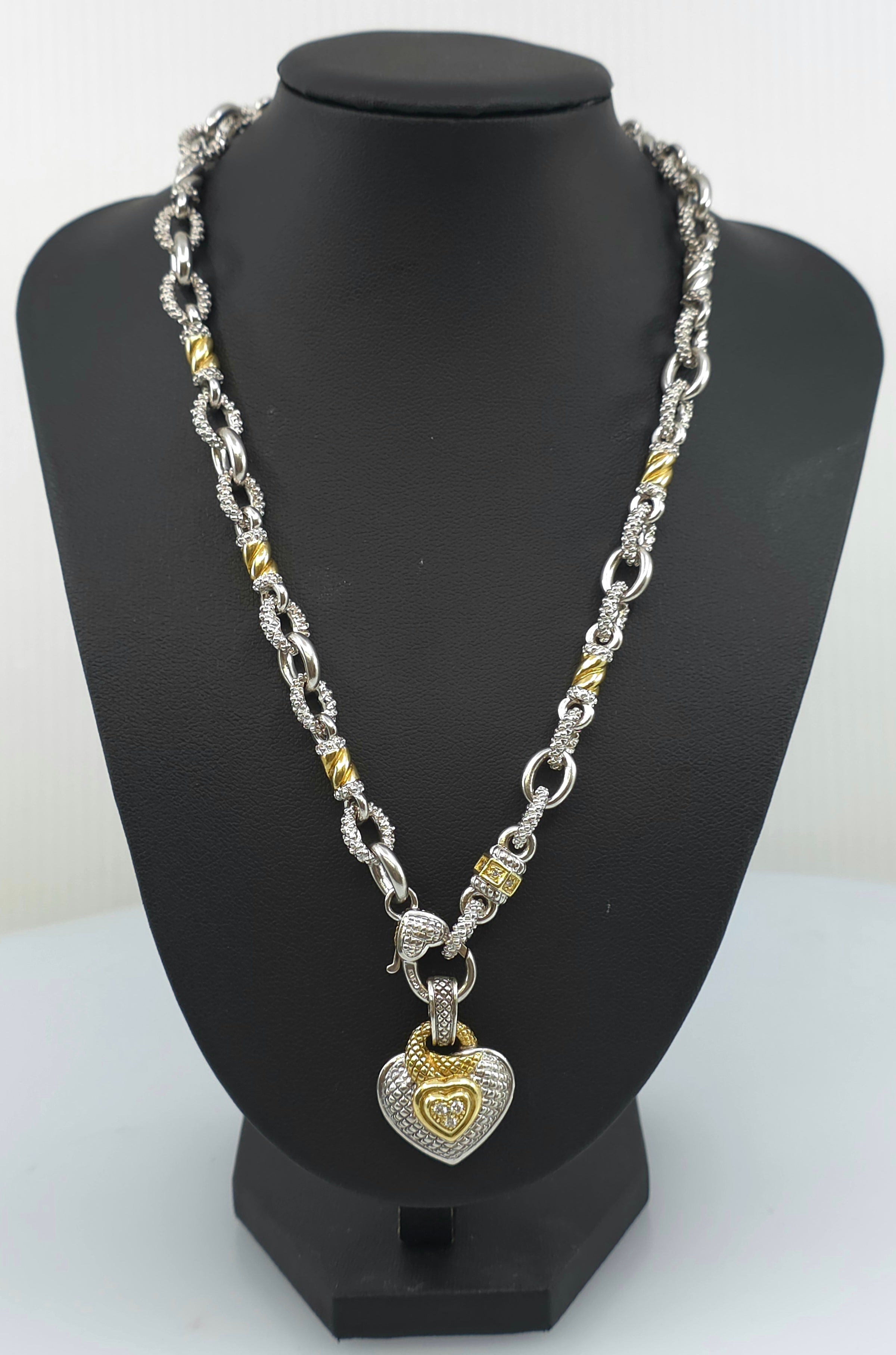 Judith Ripka Sterling Silver and 18K Gold  Diamond Heart Pendant and Diamond Necklace Chain