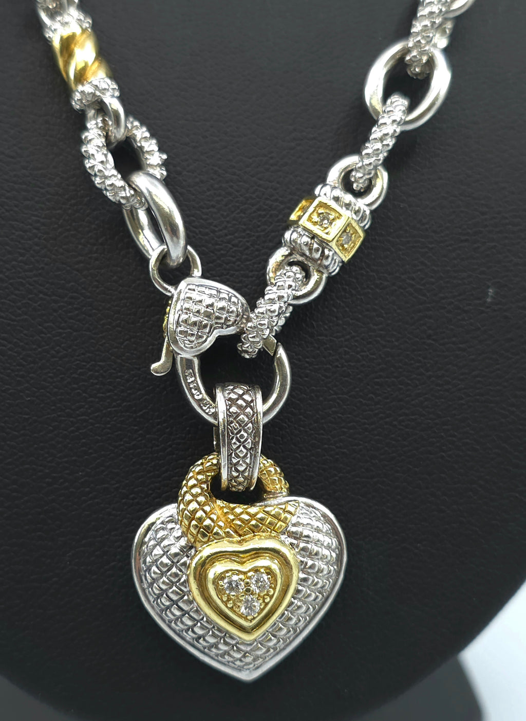 Judith Ripka Sterling Silver and 18K Gold  Diamond Heart Pendant and Diamond Necklace Chain