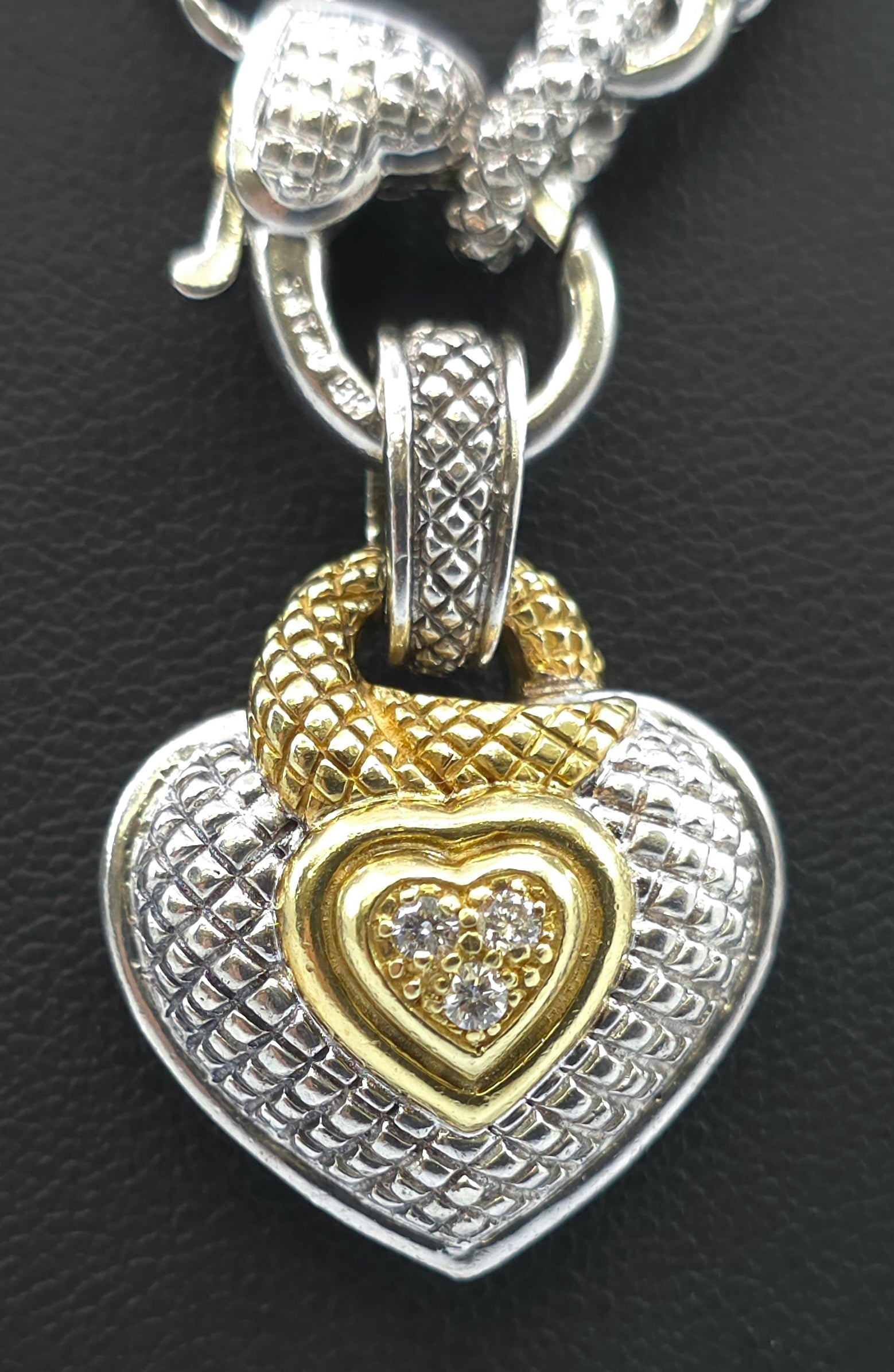 Judith Ripka Sterling Silver and 18K Gold  Diamond Heart Pendant and Diamond Necklace Chain