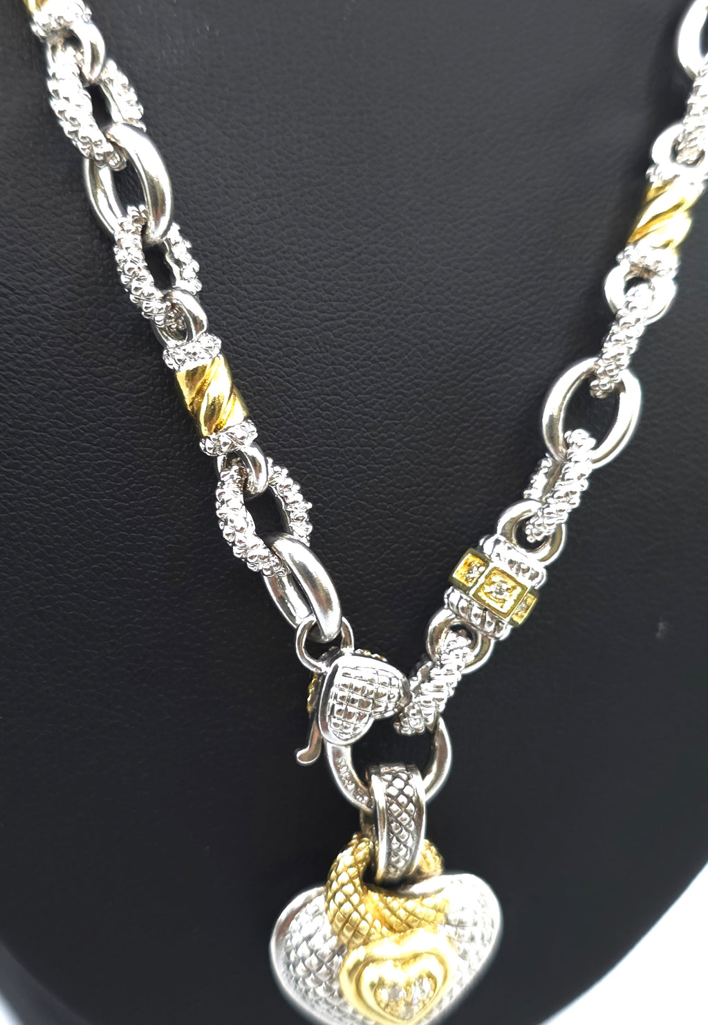 Judith Ripka Sterling Silver and 18K Gold  Diamond Heart Pendant and Diamond Necklace Chain