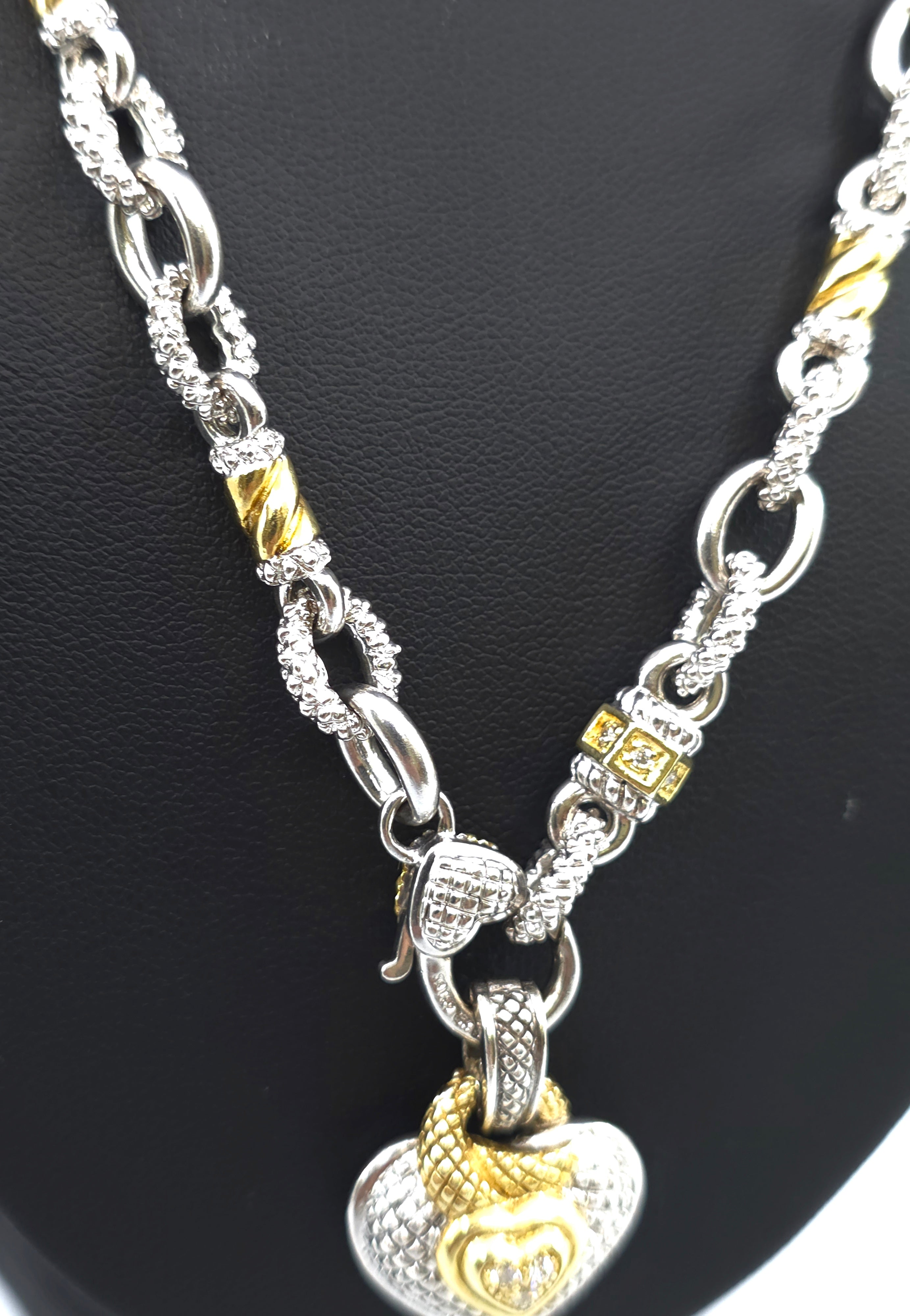 Judith Ripka Sterling Silver and 18K Gold  Diamond Heart Pendant and Diamond Necklace Chain