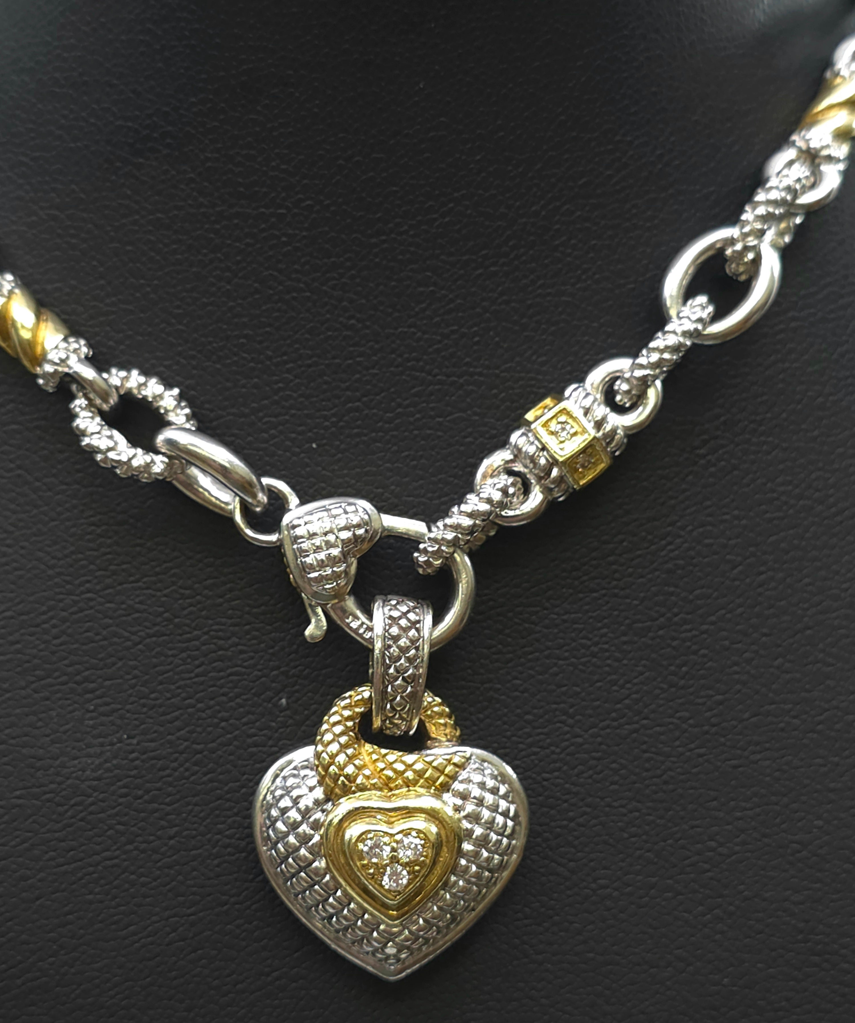 Judith Ripka Sterling Silver and 18K Gold  Diamond Heart Pendant and Diamond Necklace Chain