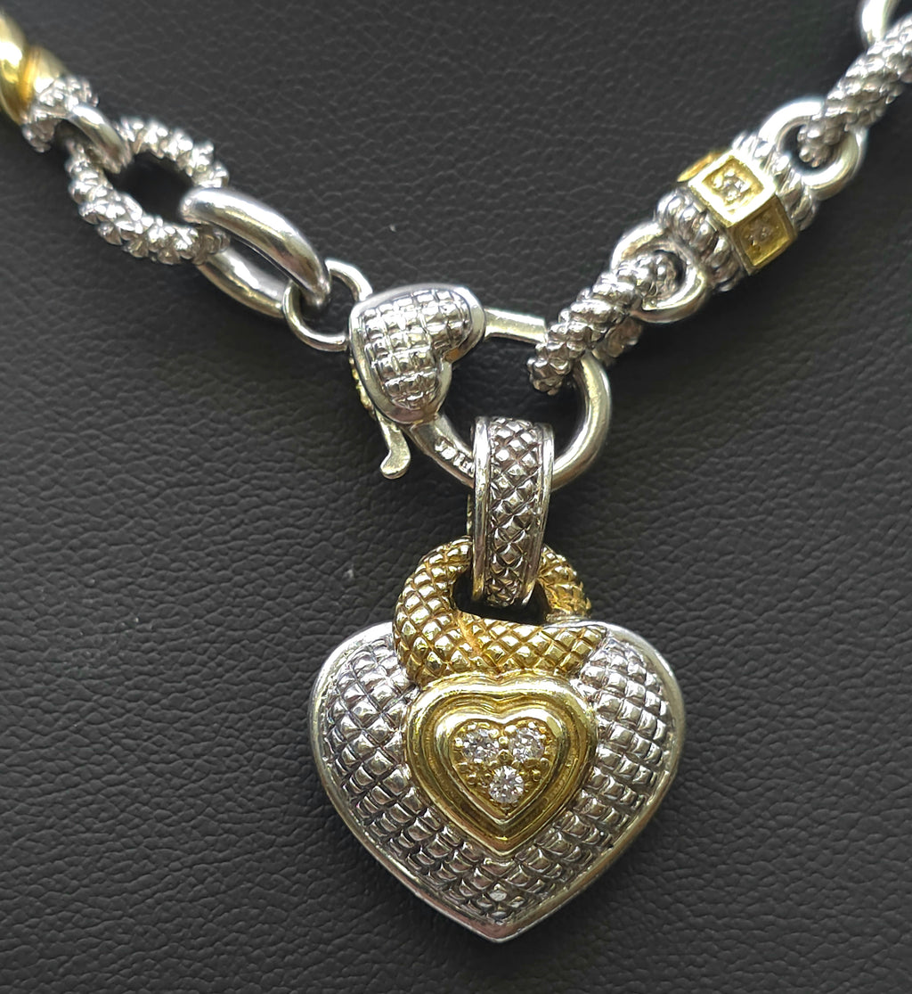 Judith Ripka Sterling Silver and 18K Gold  Diamond Heart Pendant and Diamond Necklace Chain